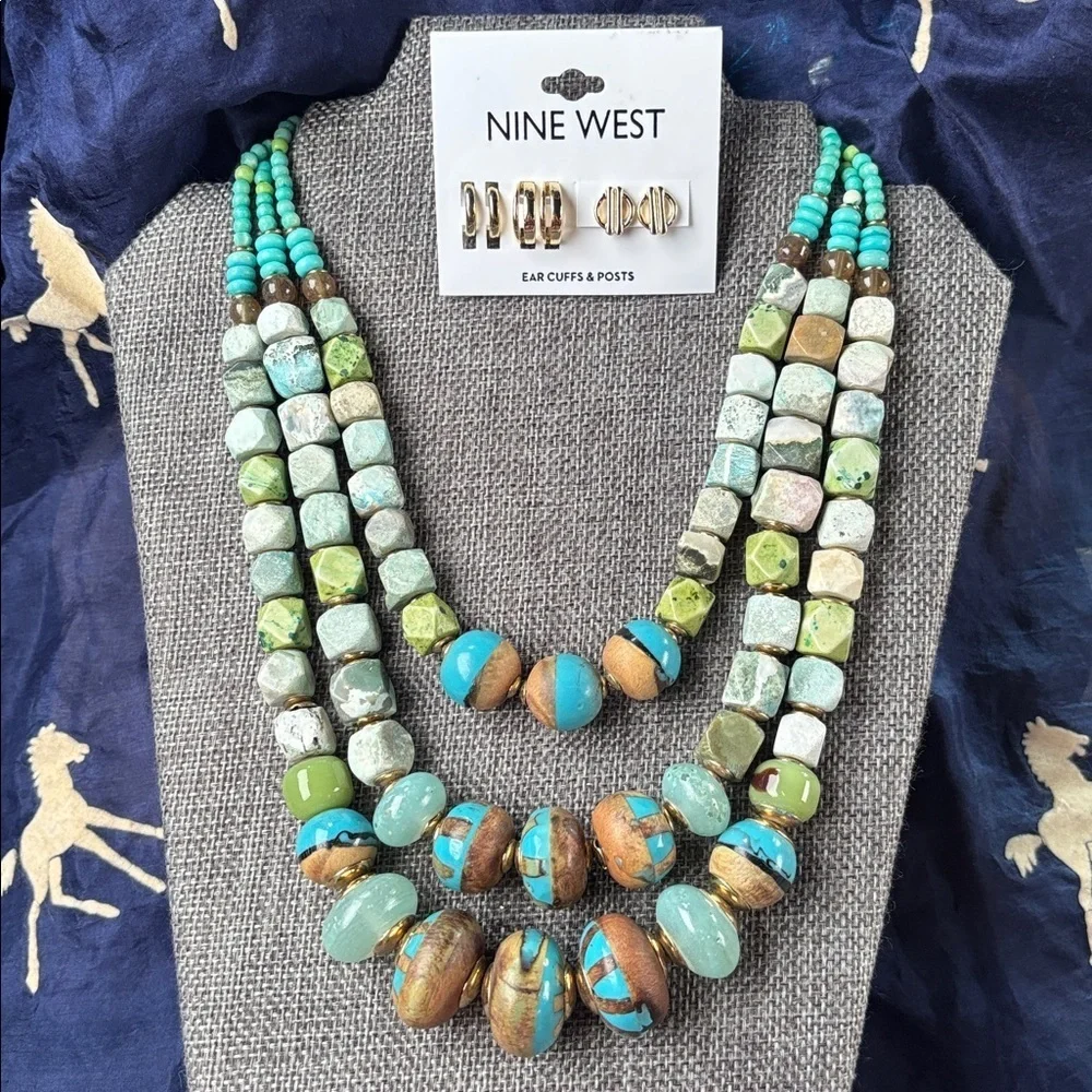 Vintage Navajo Green Turquoise Beaded Multi-Strand Necklace & Nine West Earrings
